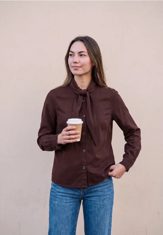 Jeansblouse met lange mouwen en strikdetail