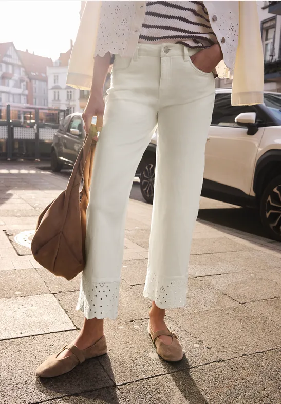 Street One Studio Frauen Mid Waist Wide Leg Jeans mit Embroidery in Beige, Gr: 31