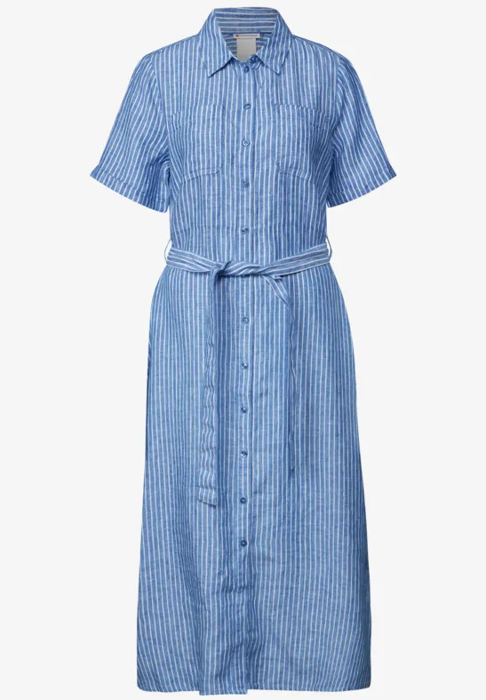 Robe Patineur Midi Marks & Spencer - Rayée Bleue En Lin Et Viscose - Taille 22 - Neuve Avec étiquette