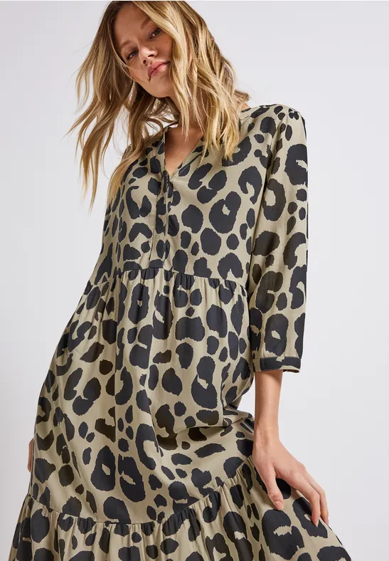 STREET-ONE Gedessineerde volant jurk voor dames in Beige STREET-ONE