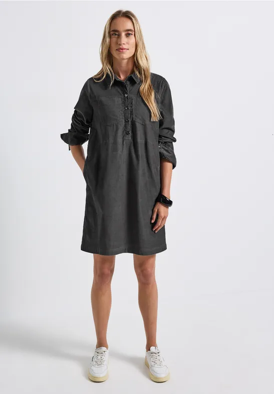 Street One Studio – Robe Femme En Velours Côtelé Avec Volants Et Col Chemise – Coupe Mi-longue, Poches Poitrine