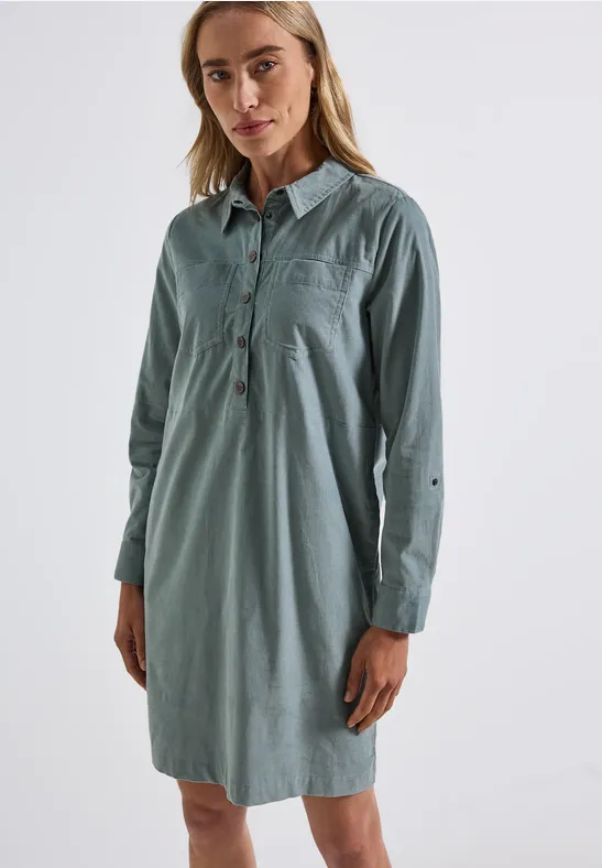 Robe Femme En Velours Côtelé Street One - Longueur Genou - Fermeture éclair Décorative - Poches Poitrine - Col Chemise - 6