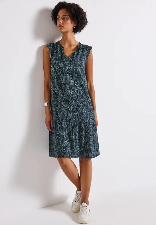 Street One Damen Kleid Mit Print – Viskose, V-Ausschnitt, Bindegürtel, Knielang