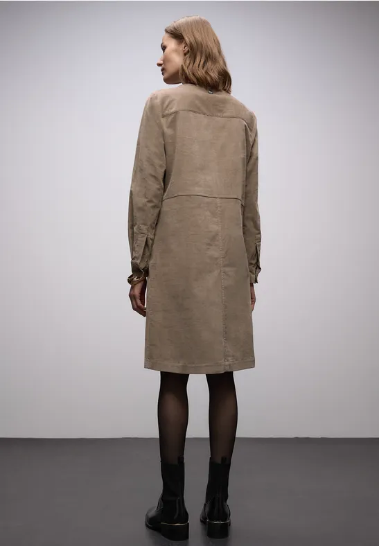 Robe Femme En Velours Côtelé Street One - Longueur Genou - Fermeture éclair Décorative - Poches Poitrine - Col Chemise