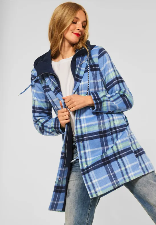 Kapuze Mantel Karomuster Damen Blau STREET-ONE Winterjacke Mit
