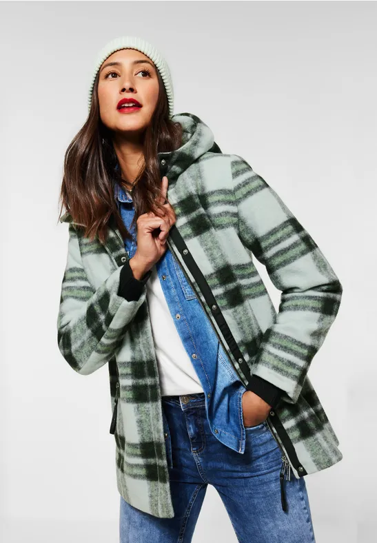Hoodie Kurzmantel Karomuster Damen Mantel Karomuster Jacke Mantel