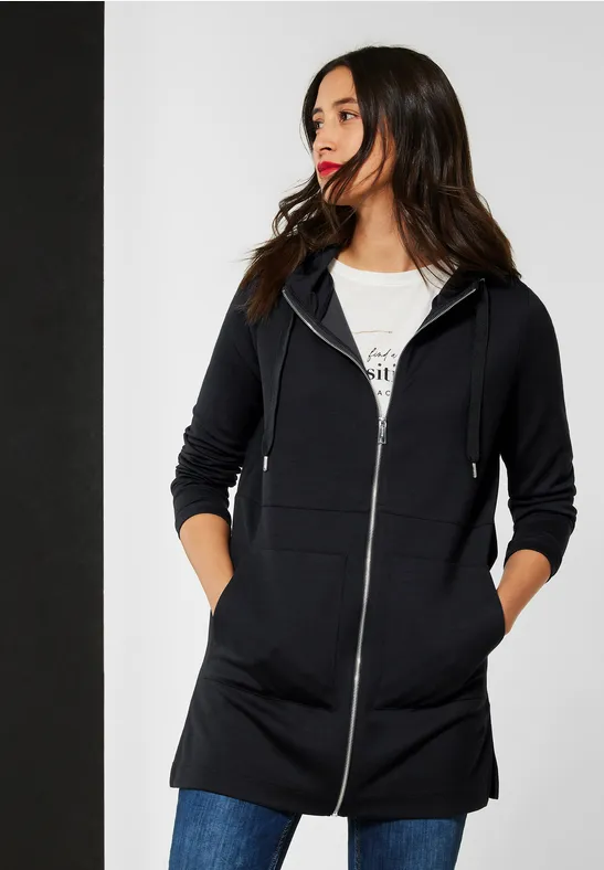 Sweatshirt Jacke Lange Sweatjacke Schwarz STREET-ONE Lange Loose