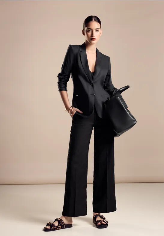 Street One Office_Linen Long Blazer voor dames, zwart, 44