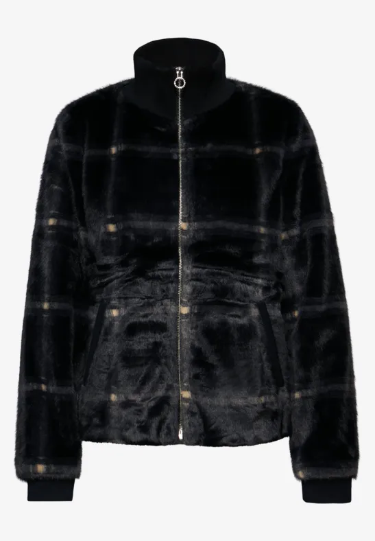 Veste Femme Fausse Fourrure à Carreaux | Manteau Douillet Col Montant Poches Latérales