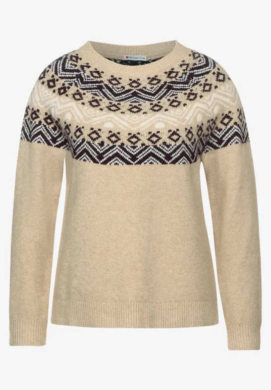 Norweger Pullover Wollpullover Damen Beige STREET-ONE Pullover In