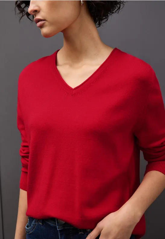 Hemd V Neck Outfit Roter Pullover Kuscheliger V-Neck Pullover