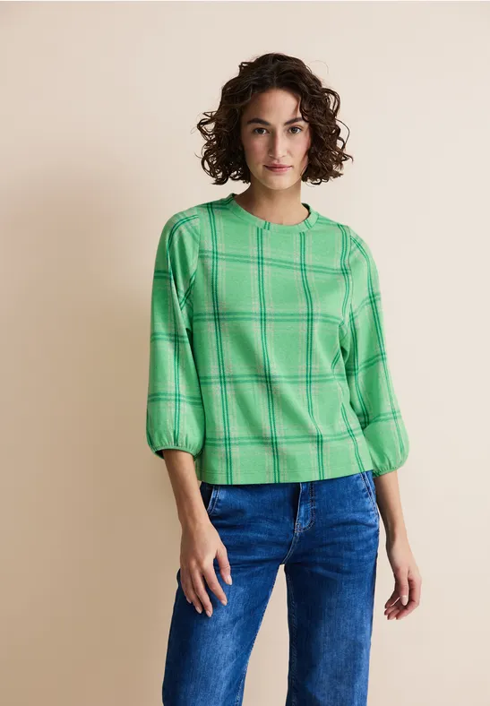 Lang shirt met 3/4-mouwen in koningsblauw/koraal bedrukt | Your Look