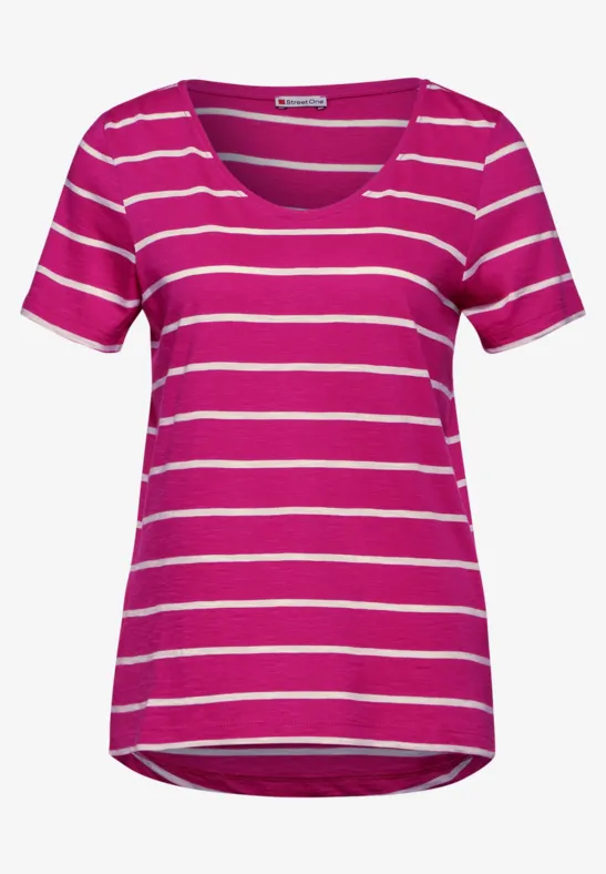Street One Damen T-Shirt Gerda – Weiches Kurzarmshirt Mit V-Ausschnitt, Flammgarn-Optik