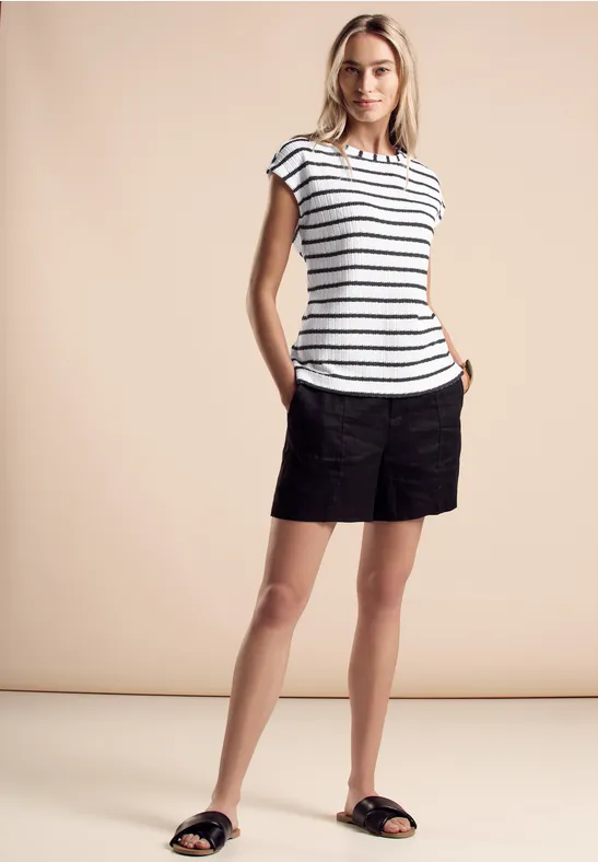 STREET ONE Damen Shirt In Strick-Optik – Leichtes Basic-Shirt Mit Rundhals, Schwarz, Größe 38