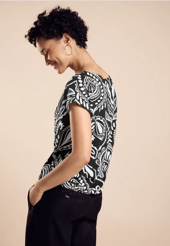STREET ONE Materialmix Top Damen – V-Ausschnitt Mit Raffung, Weicher Sommertop