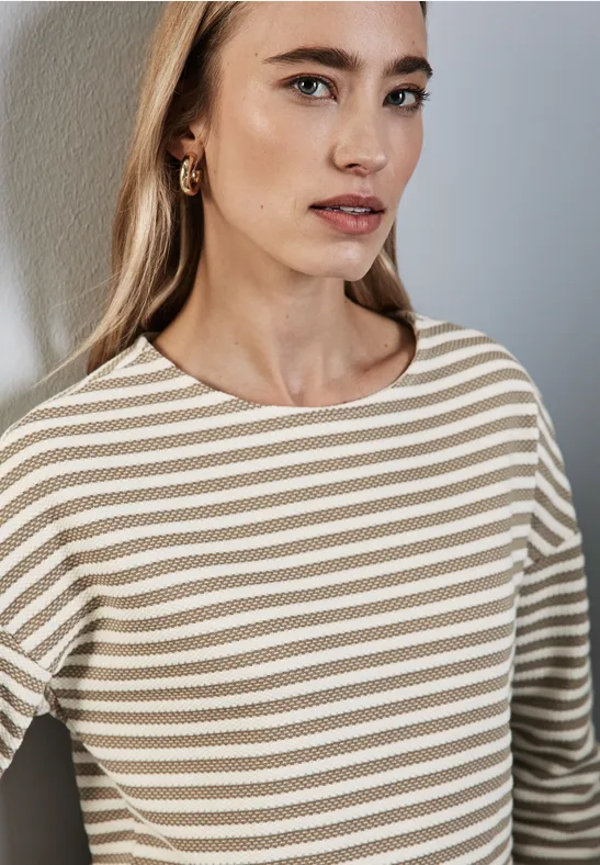 Street One Damen Shirt Gestreift – 3/4-Arm, U-Boot-Ausschnitt, Baumwollmix Mit Stretch