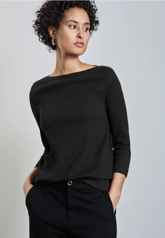 Street One Damen Shirt Mit Rippstruktur - Elegantes Langarm-Shirt Mit Knopfdetail