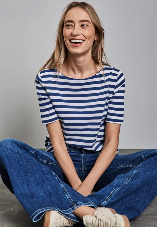 Street One Damen T-Shirt 'smell Of Lavender' – Gestreift, Leinen-Optik, Größe 44