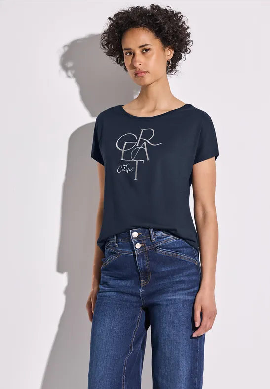STREET ONE Damen Satin Top – Deep Blue Mit V-Ausschnitt & Raffung – Größe 38
