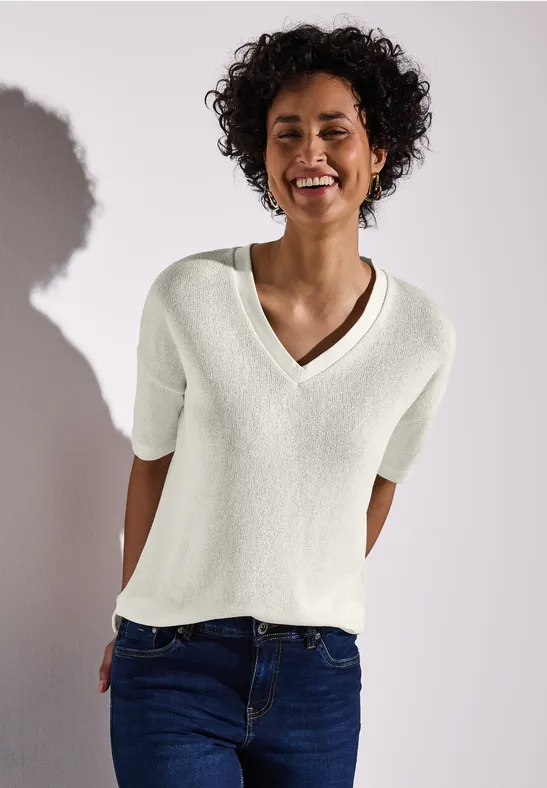 CECIL Damen Shirt - Rippstruktur Mit 3/4 Arm Und U-Ausschnitt