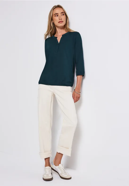 Street One Damen Shirt Split Neck - Baumwolle Tunika Mit 3/4 Arm