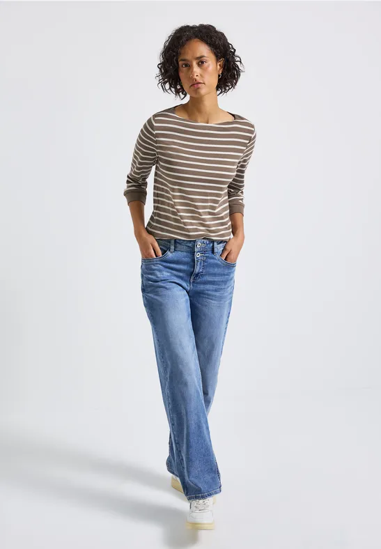 Street One Damen Shirt Gestreift – 3/4-Arm, U-Boot-Ausschnitt, Baumwollmix Mit Stretch
