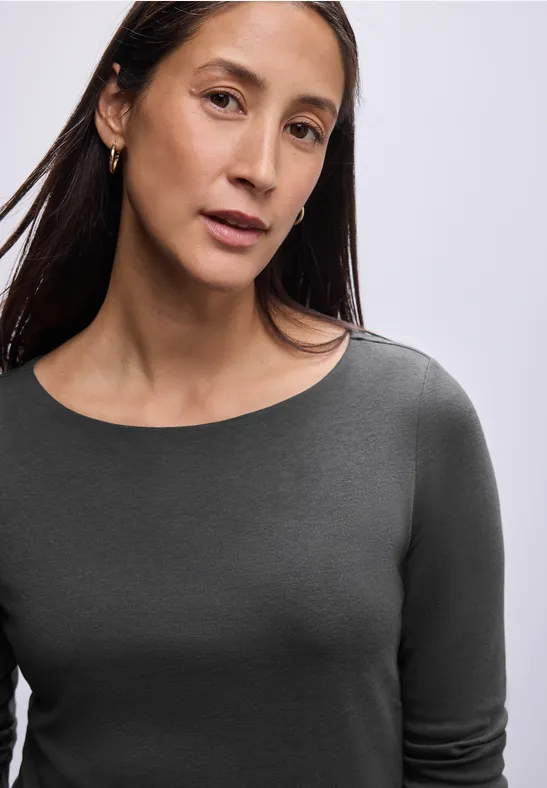 Street One Damen Lanea Langarmshirt – Basic Shirt Aus Baumwolle-Modal-Mix Mit U-Boot-Ausschnitt
