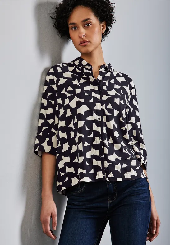 STREET ONE Damen Bluse Aus Satin – Langärmlig Mit Print, Gr. 38, Viskose Mit Gummibund