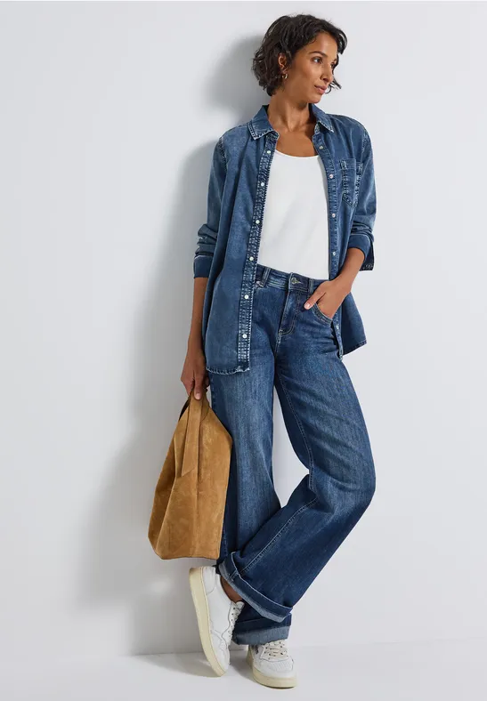 Street One Damen Jeansbluse Aus Baumwolle - Lässige Bluse Mit Hemdkragen, Knopfleiste & Brusttaschen