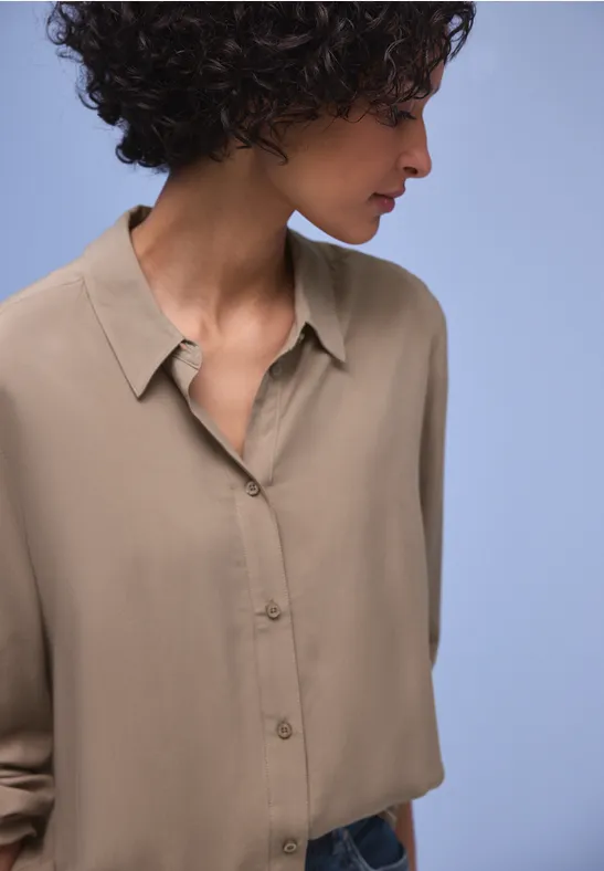 Chemisier Femme Street One - En Pur Coton, Manches 3/4 Avec Détails Adhésifs, Encolure Fendue, Ourlet Arrondi