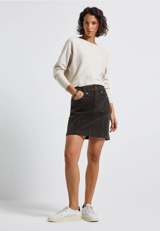 Jupe En Velours Street One – Longueur Genou, Boutonnière Devant, Poches Latérales – Marron Foncé Taille 38