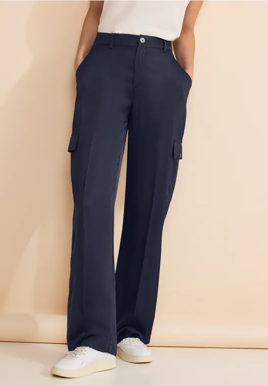 STREET ONE Damen Satin Top – Deep Blue Mit V-Ausschnitt & Raffung – Größe 38