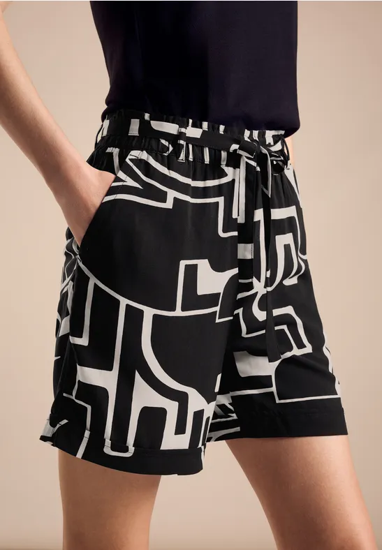 STREET-ONE Paperbag Shorts mit Print für Damen in Schwarz STREET-ONE