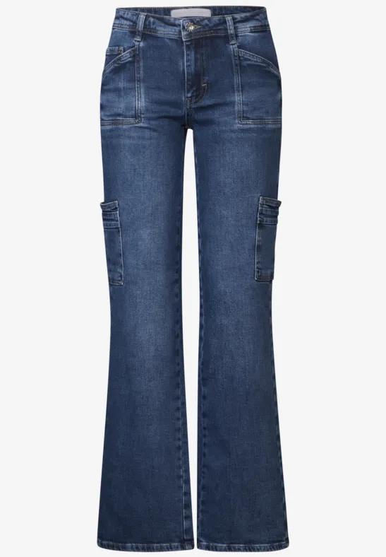 Street One Jeans Cargo Donna, Vestibilità Larga, Vita Media, Colore Blu Scuro. Misto Cotone Elasticizzato, Con Tasche Cargo E Laterali.
