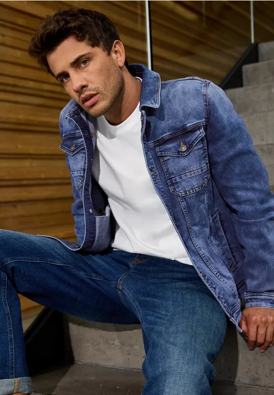 Jeansjacke Blaue Jacke Schwarze Hose STREET-ONE Mittelblaue