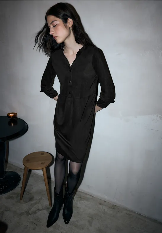 Street One Studio – Robe Femme En Velours Côtelé Avec Volants Et Col Chemise – Coupe Mi-longue, Poches Poitrine
