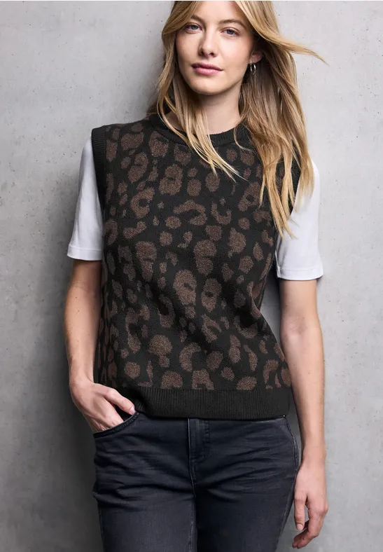 Street One Pullover Leo Print Grau STREET-ONE Cosy Leo Pullover