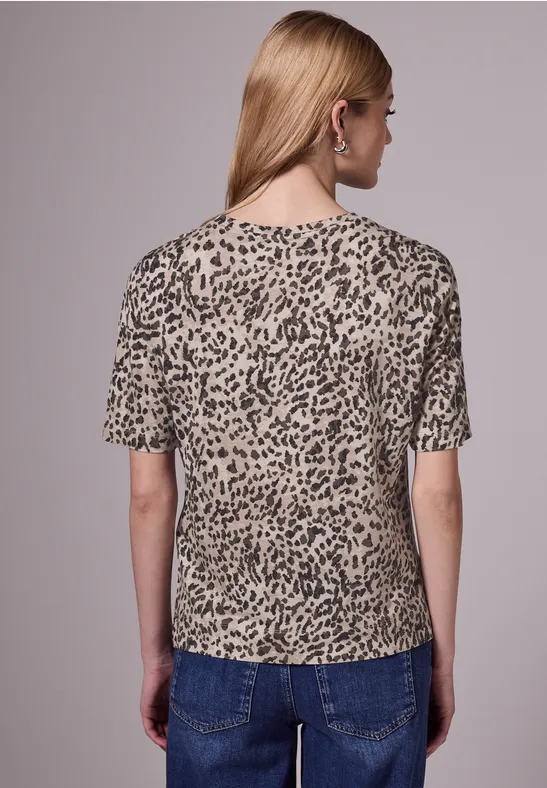 Street One Maglietta Con Motivo Leopardato Donna – Girocollo, Spalle Scese, Spacchi Laterali, Viscosa Con Elastan