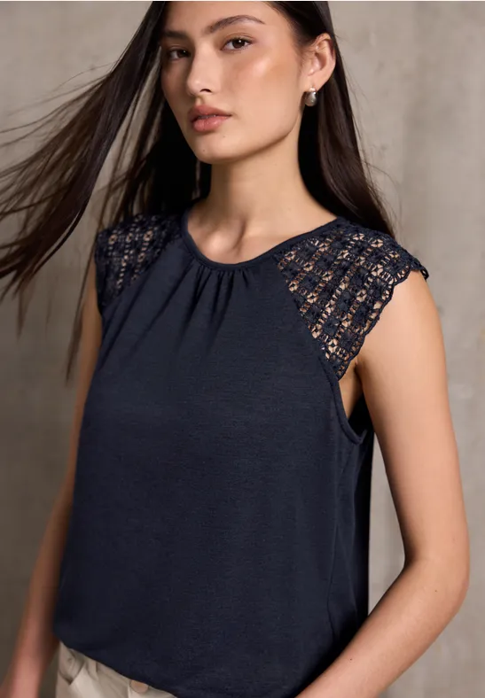 Haut Femme Street One Studio Style Lin Avec Dentelle - Bretelles Larges En Dentelle, Col Rond - Tendance été