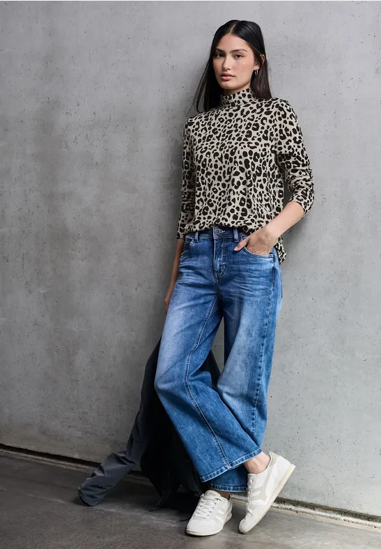 T-shirt Femme Manches Longues En Jersey - Imprimé Léopard, Col Roulé, Style Tendance, Confortable - 2