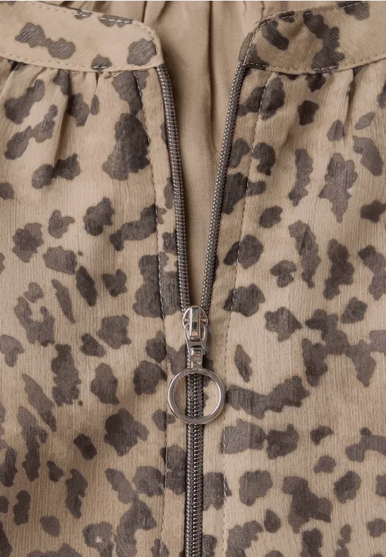 Street One Damen Chiffon Bluse Mit Zipper - Animal Print Langarm