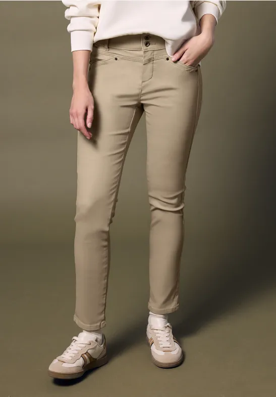 Pantalon Slim Femme Street One - Taille Moyenne, Effet Coated Brun - 100% Coton, Extensible - Taille 40